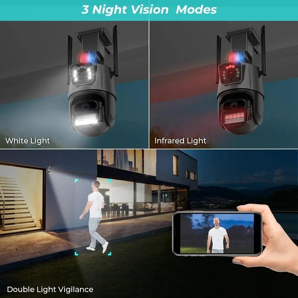 8MP 4K Wi-Fi камера с двумя объективами, защита безопасности, водонепроницаемая камера видеонаблюдения, полицейская световая сигнализация, IP-камера