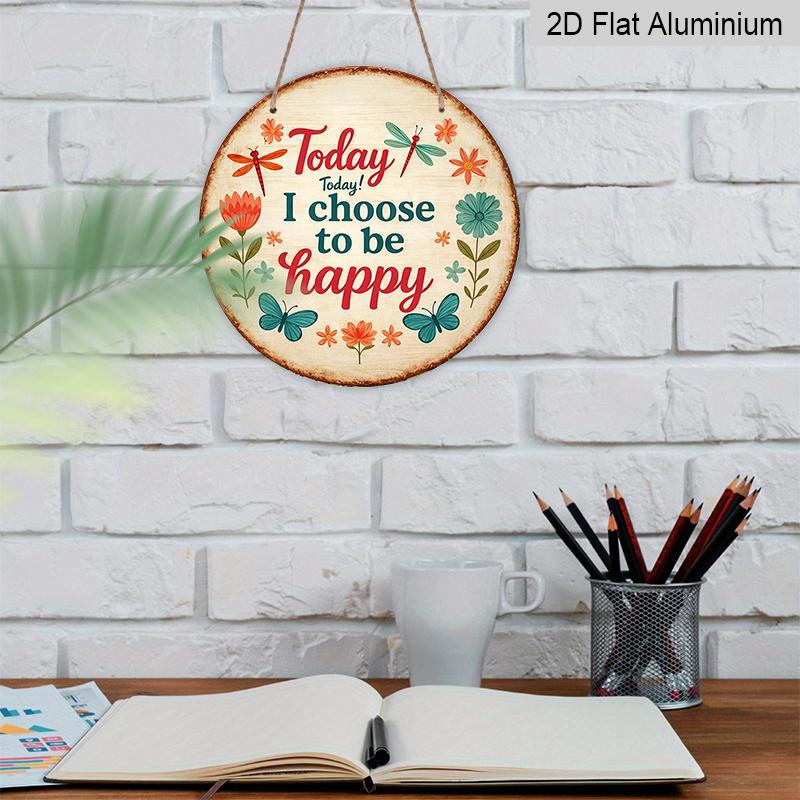 2D Flat, 1pc Round Aluminum Hanging Sign, "Today I Choose to Be Happy" Floral Butterfly Metal Wall Art, Vintage Inspirational Quote Decor, Perfect