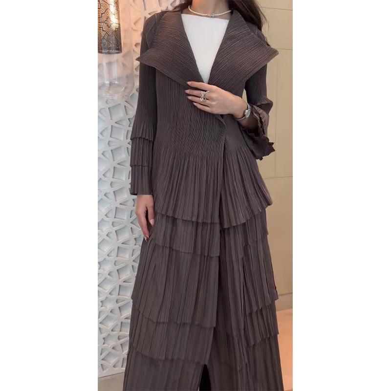 Gray Pleated Ruffle Trim Long Blazer Coat - 2024 Spring/Summer Fashion Trend for Women