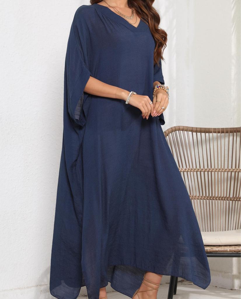 Плюс размер Женское Летнее Повседневное Праздничное Пляжное Платье Купальники Сплошной Свободный Пляжная Одежда Женский V-образный Вырез Половина Рукава Платье