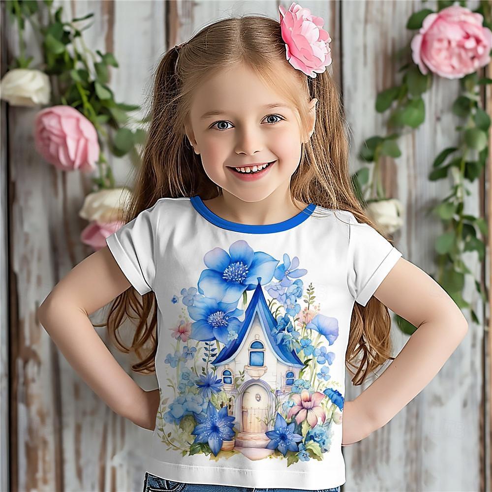 Детская одежда Футболка для девочек с коротким рукавом, милый 3D цветочный принт, детская летняя одежда, повседневная одежда Kawaii с круглым вырезом для девочек, топ