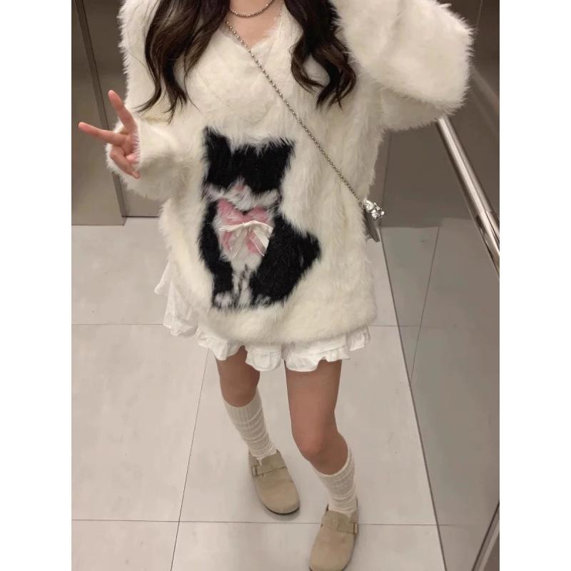 Жаккардовый свитер с V-образным вырезом из искусственного меха норки для женщин, осенне-зимний ленивый стиль, свободный трикотаж, мягкий клейкий топ