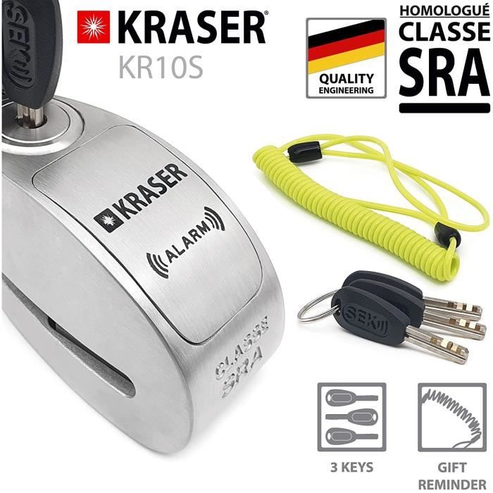 KRASER KR10S Bloque Disque Antivol de Moto Alarme ON / OFF Homologué SRA Haute Sécurité Protection Serrure à disques, Bloque Disque
