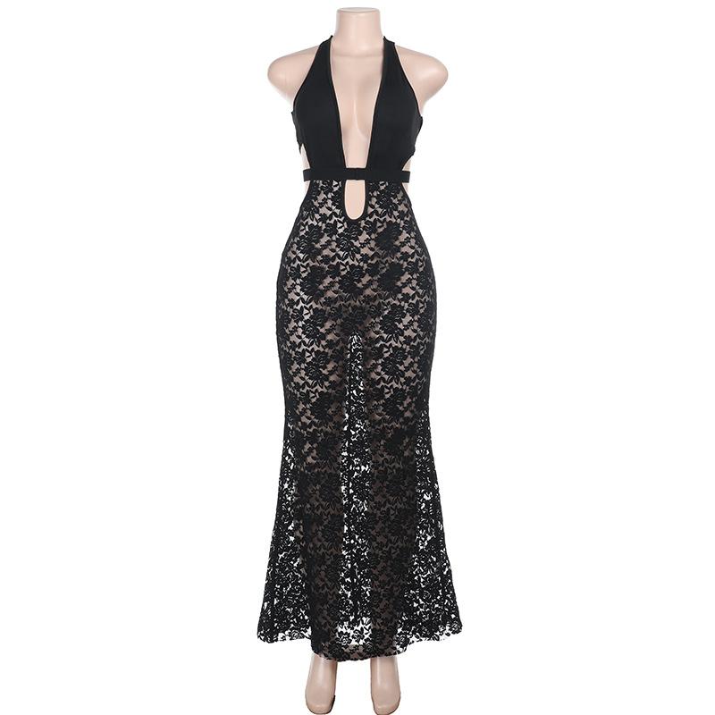 Spring Women's Dress Pure Style Spice Girl Slim Sexy Lace Deep V Cutout Dress