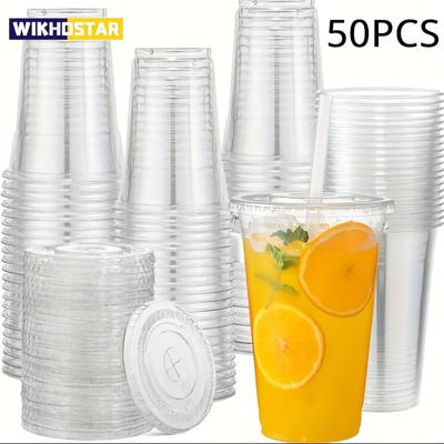 50 шт. пластиковые стаканчики с крышками, прозрачные одноразовые стаканчики для вечеринок, холодный кофе, смузи, молочный коктейль, холодные напитки