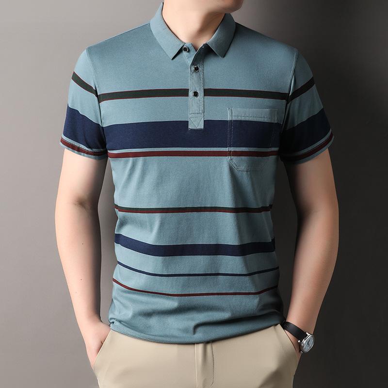 Мужская футболка-поло в полоску с отложным воротником, с короткими рукавами, повседневный свободный топ
