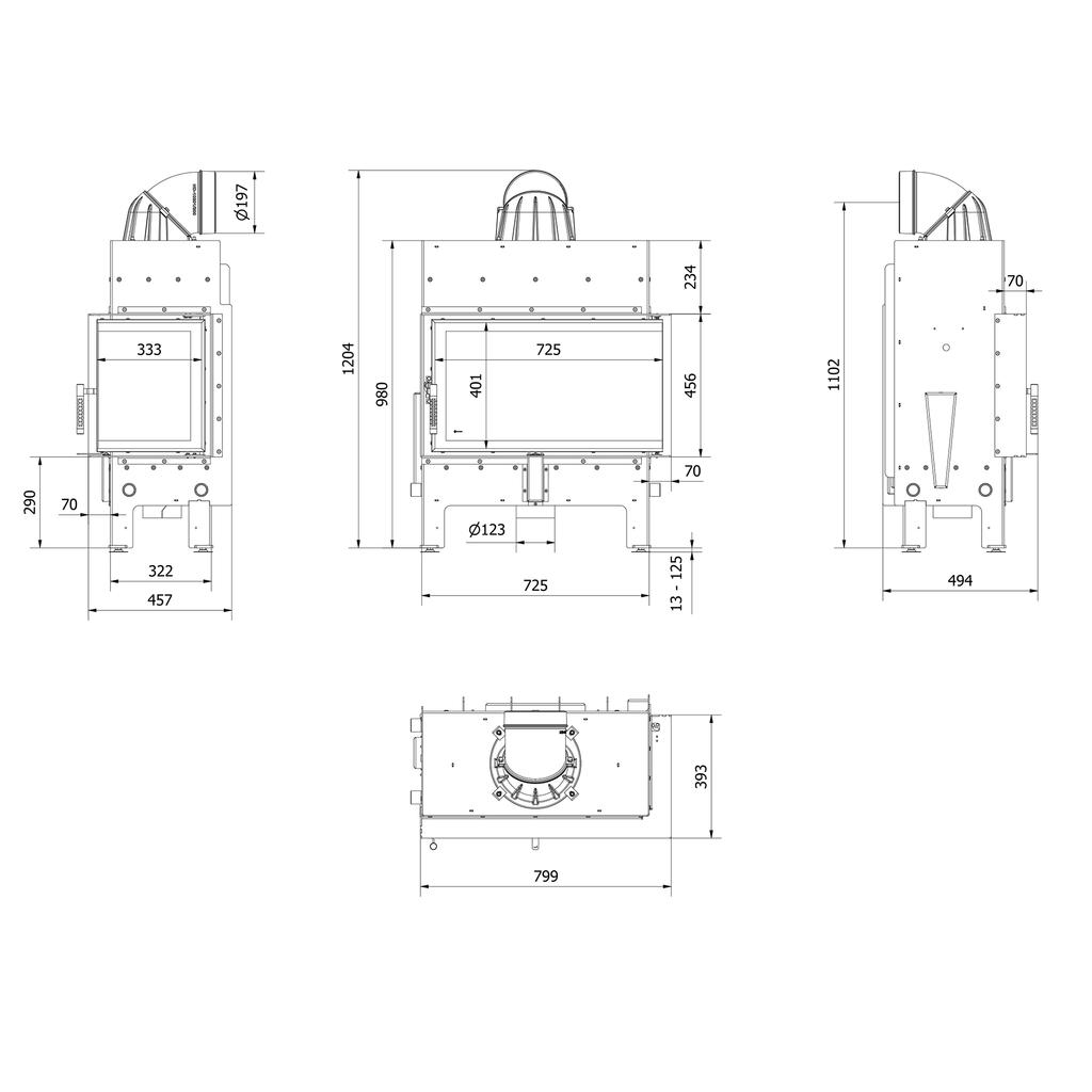Insert Fireplace KRATKI FLOKI M Right 10kW COMPLETE SET for BUILT-IN Ø 200