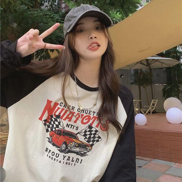 American Retro Women's Black & White Color Block Raglan Sleeve Top - Long Sleeve, Autumn/Winter Design