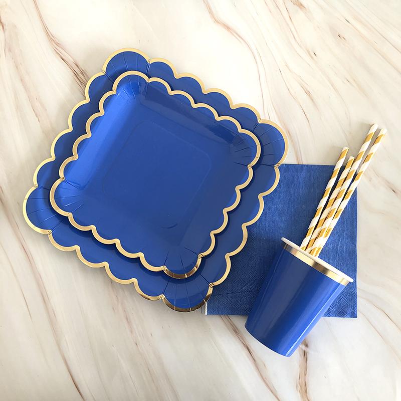 Одноразовая посуда голубого цвета, бумажные тарелки для вечеринок, стаканчики, трубочки, сувениры для детского душа, товары для дня рождения, золотые украшения для вечеринок, карнавала, свадьбы