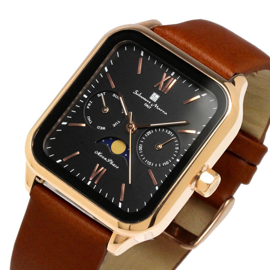 Квадратные часы Salvatore Marra с фазой Луны, с водой, деловая кожа, лимитированная серия, розовый, верблюжий, мужские, многокалендарные, водостойкие, стильные, ремешок, издание, золото,
