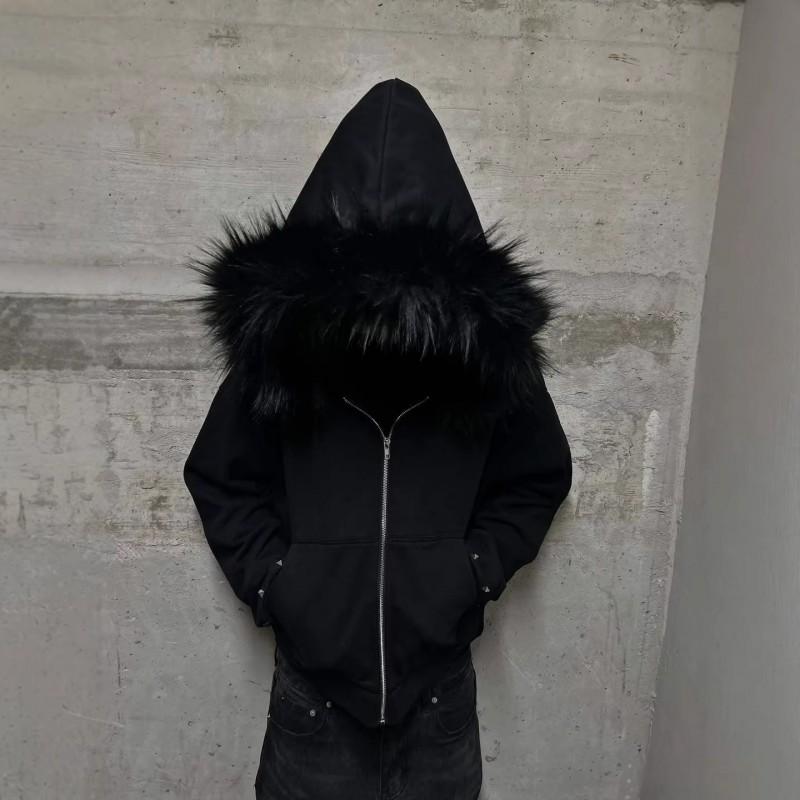 Stylish Hooded Sweatshirt With Rhinestone Embellishment Faux Fur Trim Loose Fit Long Sleeve Tee Men Winter Streetwear