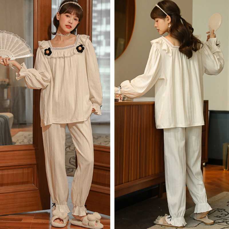 Autumn Winter Women Korean Temperament Retro Sweet Long-sleeved Cotton Pajamas Set Nordic Fashion Palace Style Princess Style Home Clothes