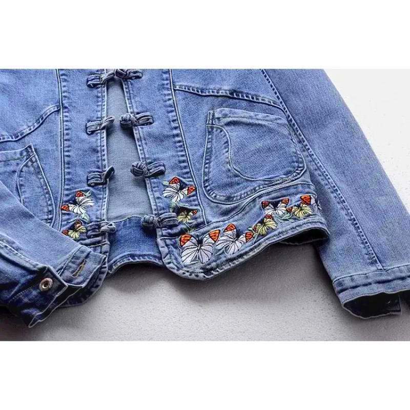 Вышитая джинсовая куртка с воротником-стойкой, женское короткое пальто, винтажная свободная куртка-стрейч в стиле шинуазри, теплая рубашка с длинными рукавами, осень