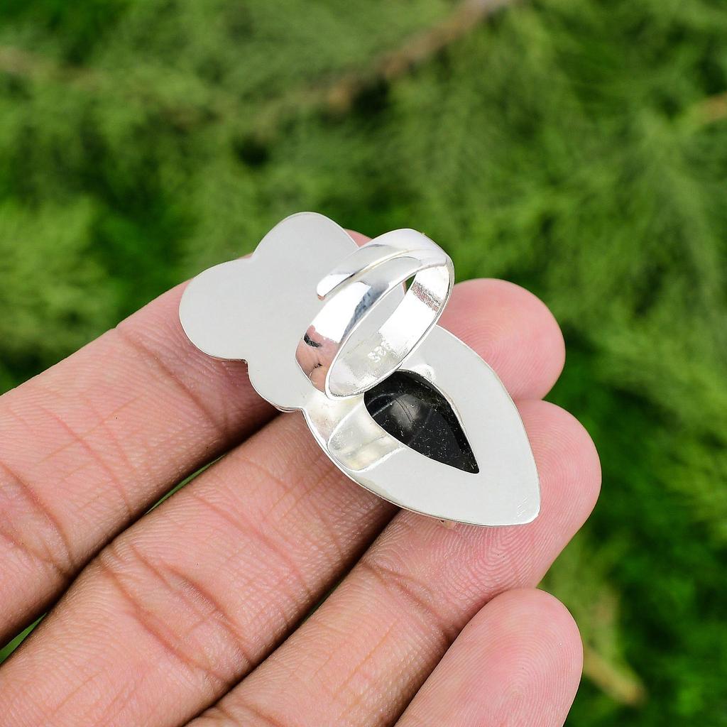 Oval Black Onyx Gemstone 925 Sterling Silver Flower Stackable Boho Ring Jewelry