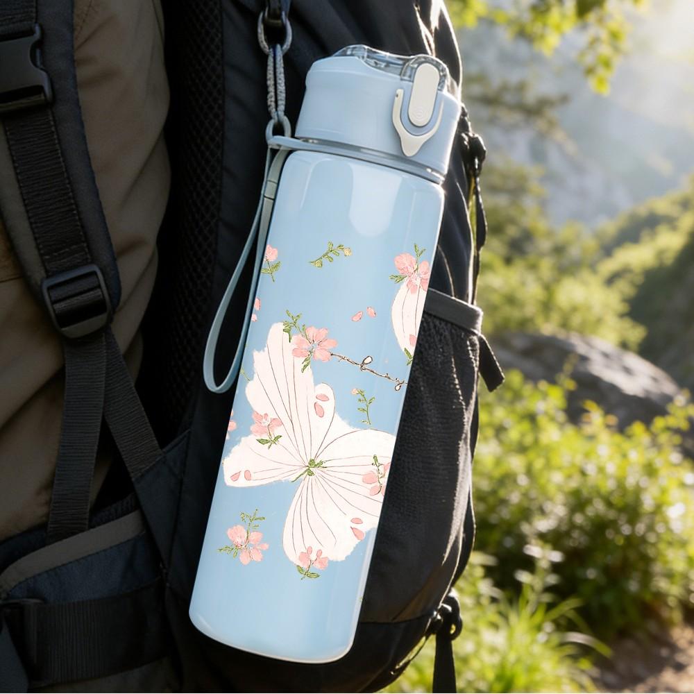 1PC Soft Pink Cherry Blossom Floral Print 750ml Color Plastic Sports Water Bottle Leakproof Flip Straw Lid Suitable for Sports Office Home Use