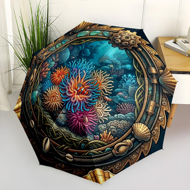 Underwater Coral Reef Scene pattern umbrella, portable and foldable design, 8 ribs, a casual accessory for Halloween, Christmas, and birthday gifts.