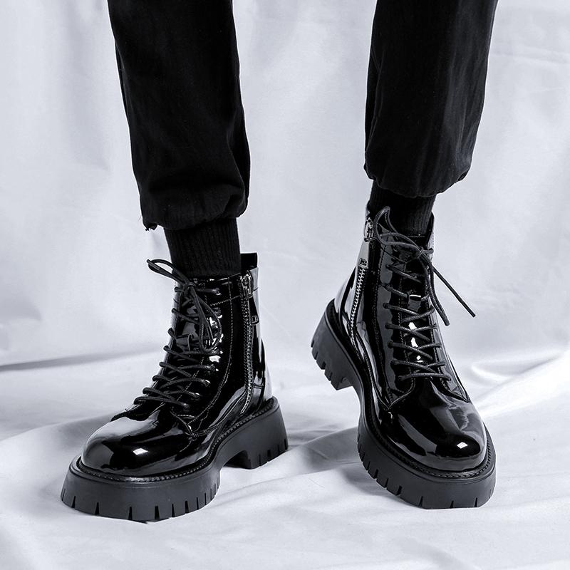 Весна Осень Британский Стиль Ретро Толстый Нижняя Платформа Шитье Полная Лицевая Кожа Мужские Ботинки Челси До Середины Икры Высокий Верх На Шнуровке