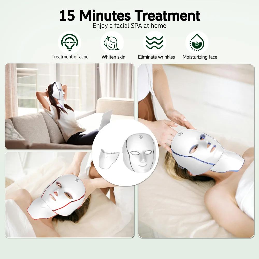 192 светодиода Маска для лица и шеи 7 цветов Красный свет Косметический прибор Перезаряжаемый