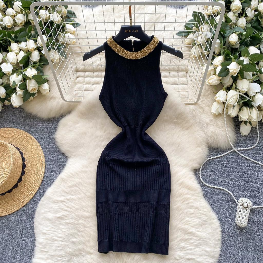 Летние женские бисерные воротник без рукавов вязаный свитер Y2K мини короткие облегающие платья-футляры