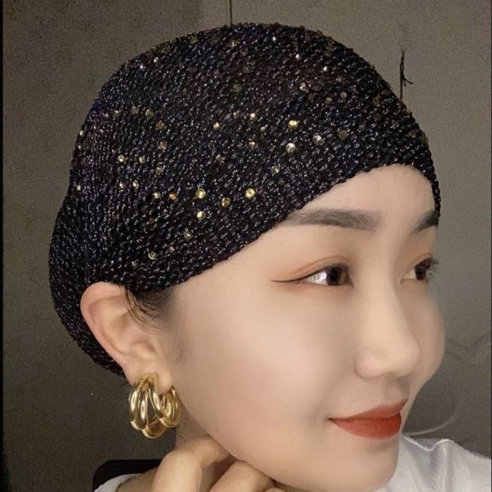 1pc New Full Cover Bonnet Hat Elastic Breathable Headscarf Cover White Hair Rhinestone Headwear Gift