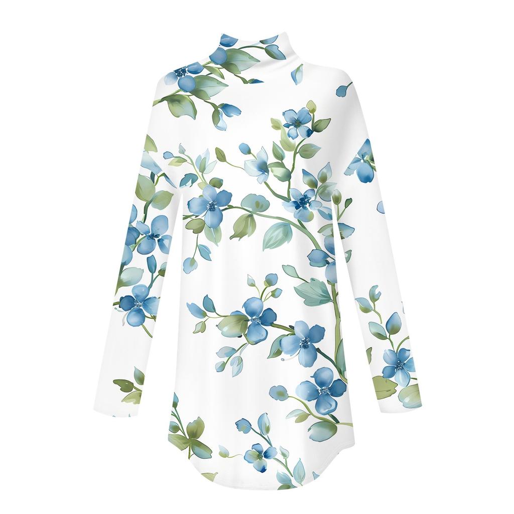 Женская модная повседневная футболка с длинным рукавом с высоким воротом и принтом, пуловер, топ