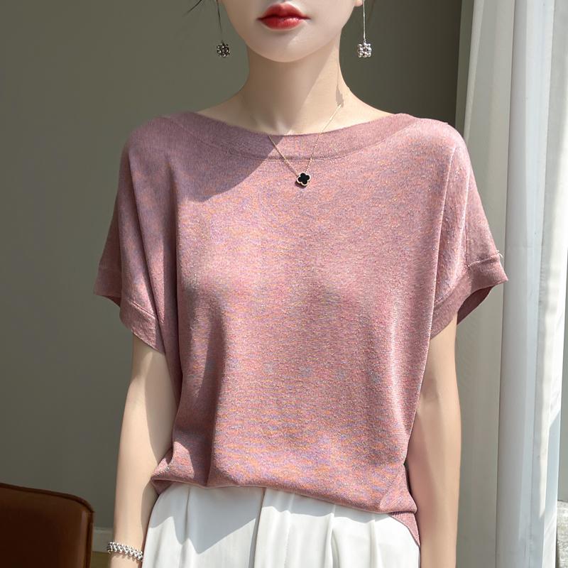 Women Knit T-shirt MODERN NEW SAGA Summer Knitted Shirt Short Sleeve Tees Slash Neck Pullover Knit Tops