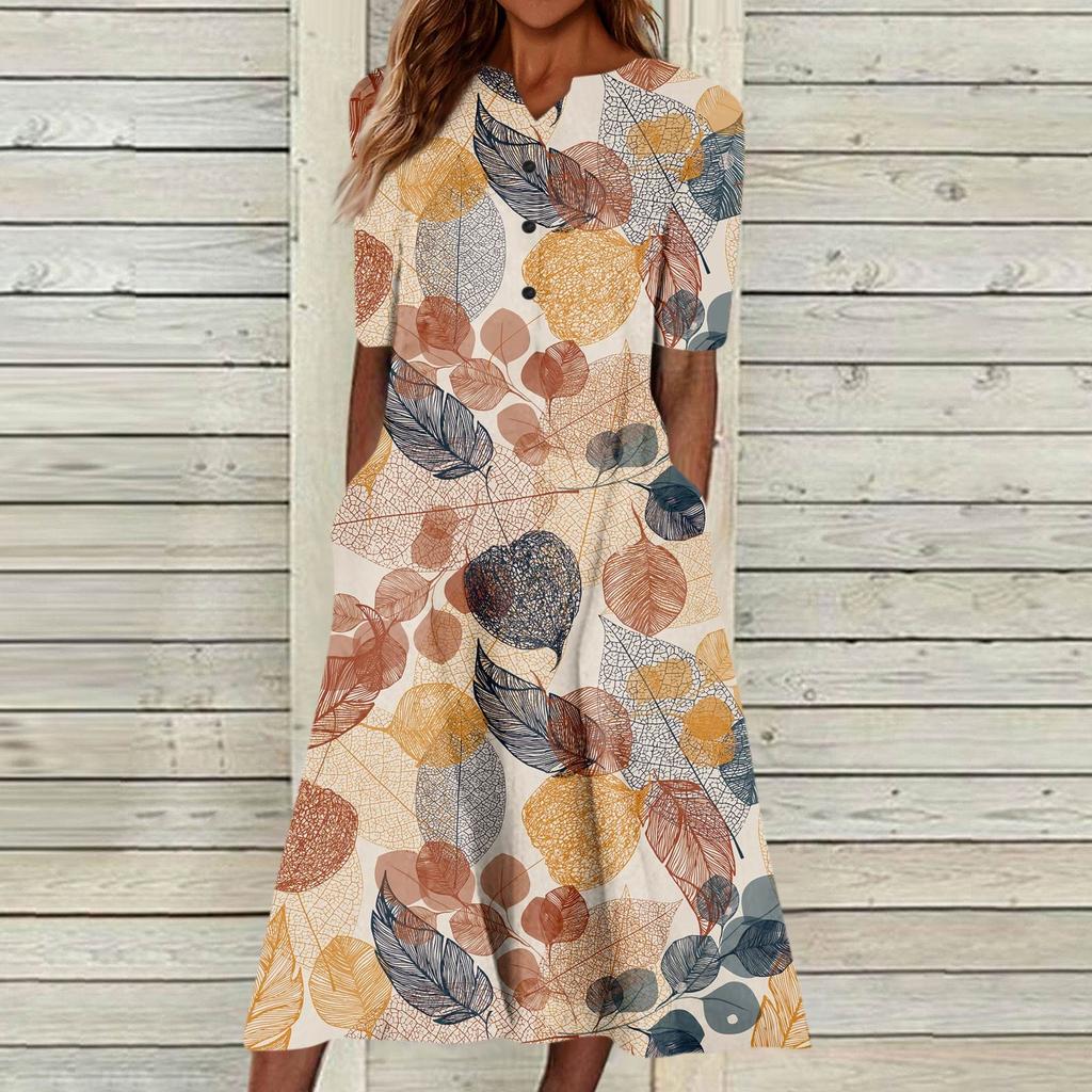 Summer Dress For Women Casual Floral Printed V-Neck Short-Sleeve Button Pocket Beach Swing Dress