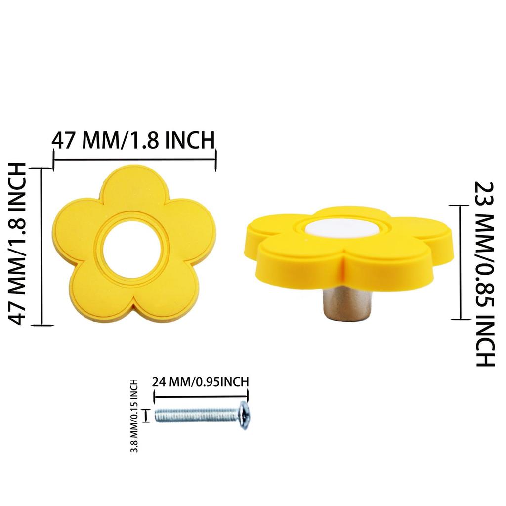 6pcs Yellow Flower Shape Cabinet Knobs: Soft Rubber Handles 1.8x1.8x0.85 Inch Drawer Pulls - Kid-Friendly Design with Screws for Kids' Rooms Close