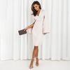 Fall Summer Women Dress Long Slit Horn Sleeves V Neck Slim Fit Solid Color Business Formal Party OL Commute Midi Dress