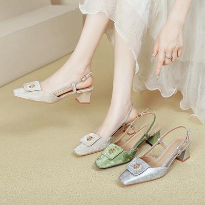 Босоножки Baotou женские новые на среднем толстом каблуке пустые одинарные туфли серебристые с ремешком на щиколотке и квадратным носком на высоком каблуке