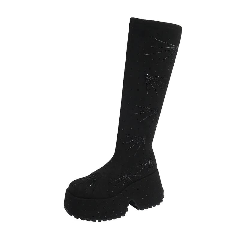 Блестящие женские сапоги со стразами, модные женские сапоги до колена 2024 года, черные длинные сапоги на толстой подошве, увеличивающие рост