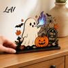 Artistic Maple Leaf Cross Decor Halloween Ghost Ornaments with Pumpkin Tombstone and Bat Elements Wooden Rustic Wood Fall Tiered Tray Tabletop