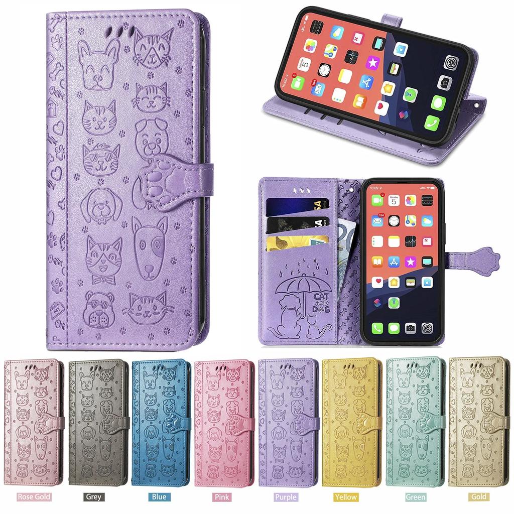 Роскошный кожаный чехол с кошкой и собакой для iPhone 16 15 14 13 12 11 Pro X XR XS MAX 8 7 Plus, флип, милая крышка для телефона, слоты для карт, кошелек, Coque