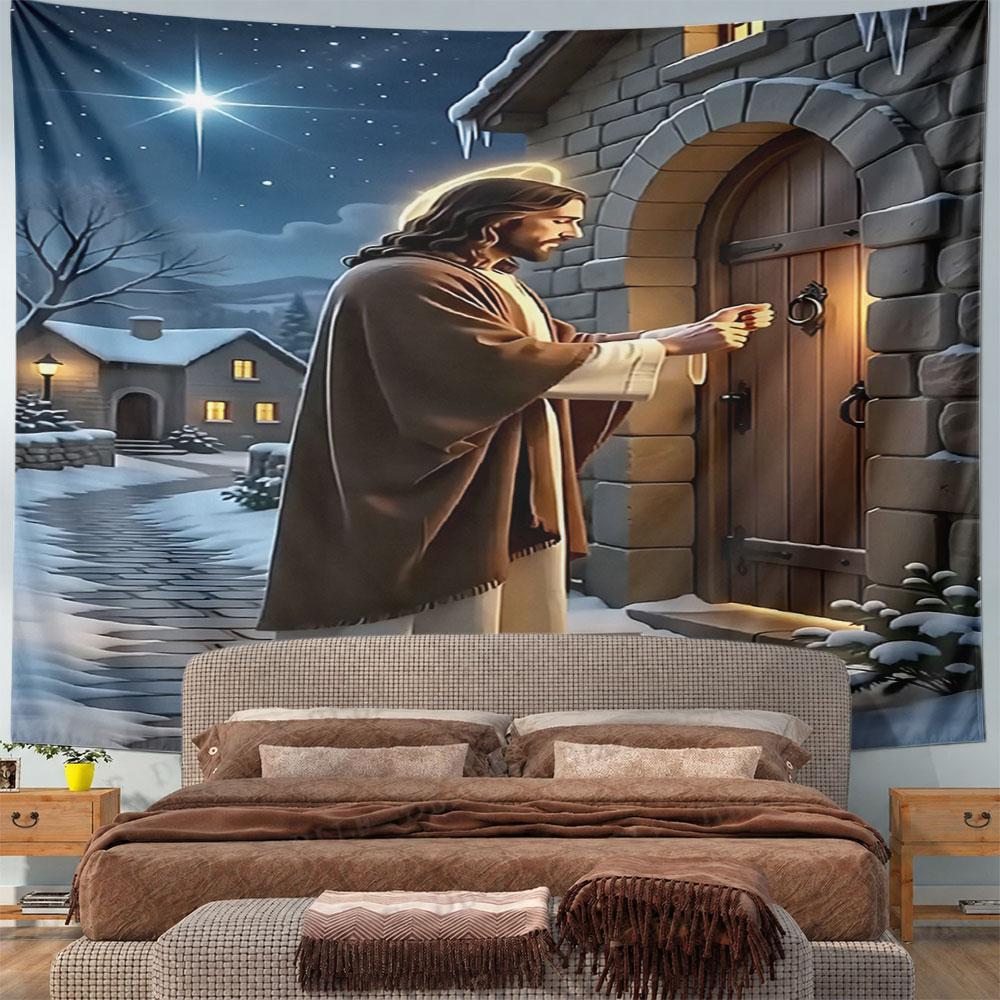 "Jesus Knocking on Winter Door Scene" Pattern Wall Hanging Tapestry Decorative Tapestry Home Decor for Bedroom and Living Room