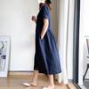 Women's Loose Cotton Dress Summer Casual Plus Size Midi Dress Crew Neck Short Sleeve Pleated Swing Dress with Pockets