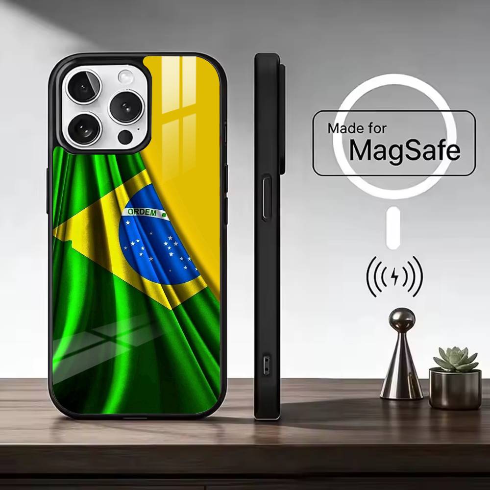 Бразилия F-Флаг Футбол Поддержка Для Чехла Телефона Magsafe для Серии iPhone 17 16 15 14 13 12 11 Беспроводная Зарядка