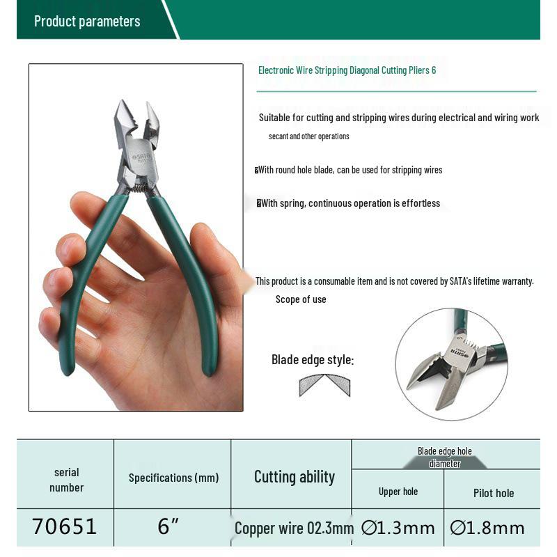 SATA 70651 6-inch Industrial Electrician Pliers - Multifunctional Wire Stripping & Cutting Tool
