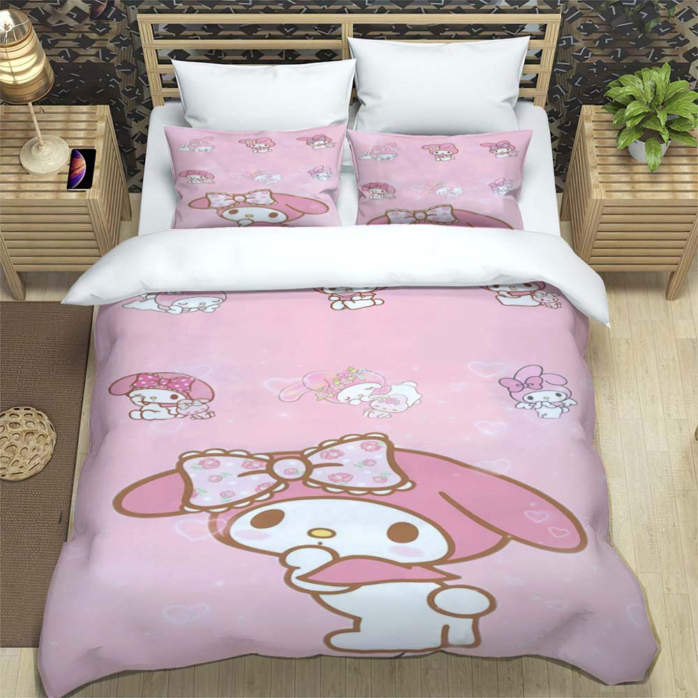 The My Melody cartoon-patterned three-piece bedding set, including a duvet cover and two pillowcases, is the perfect choice for