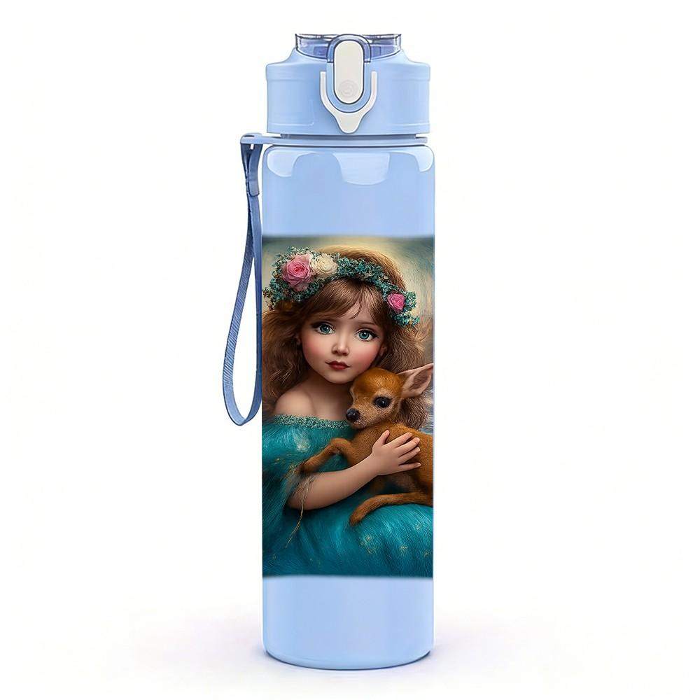 1PC Vintage Girl Oil Painting 750ml Color Plastic Sports Water Bottle Leakproof Flip Straw Lid Suitable for Sports Office Home Use