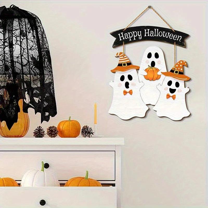 Halloween Wooden Floating Board | Vibrant Holiday Decor with Ghost Costumes and Pumpkin Patterns | Bohemian-Style Mural