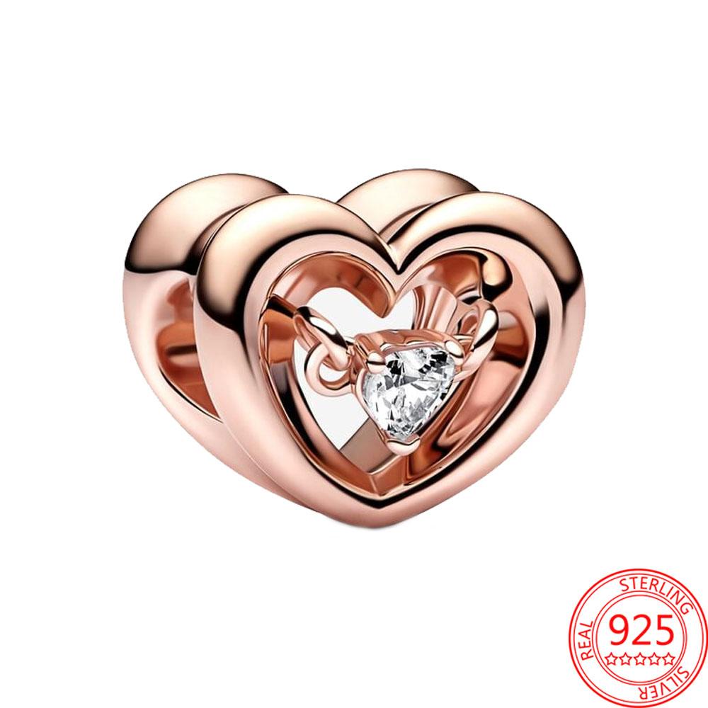 Classic 925 Silver Rose Gold Heart&Ball&Lucky Bead Charm Fit Bracelet DIY Jewelry