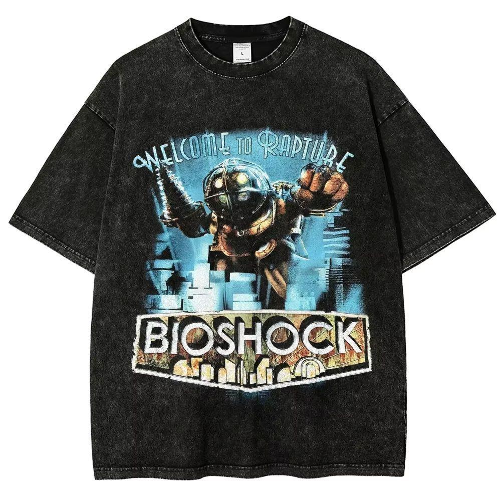 Hot BioShock Game Short-sleeved Washed-out Distressed Pure Cotton Loose Men's and Women's Shirt Large Size