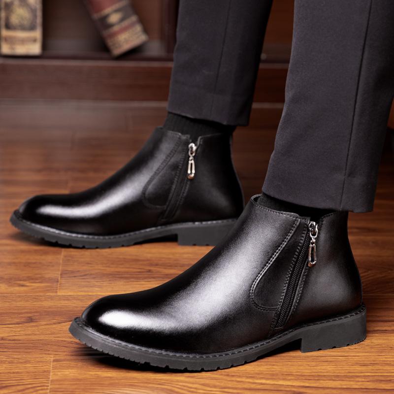 Men's New Winter Men's Cashmere Warm Chelsea Leather Shoes Business Casual High Top Cotton Shoes D560