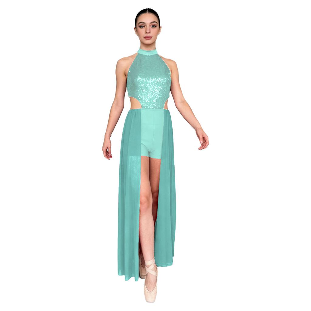 Womens Backless Bodysuit Dress Sequined Top Mesh Skirt Integrated Short Bottom Dance Wear