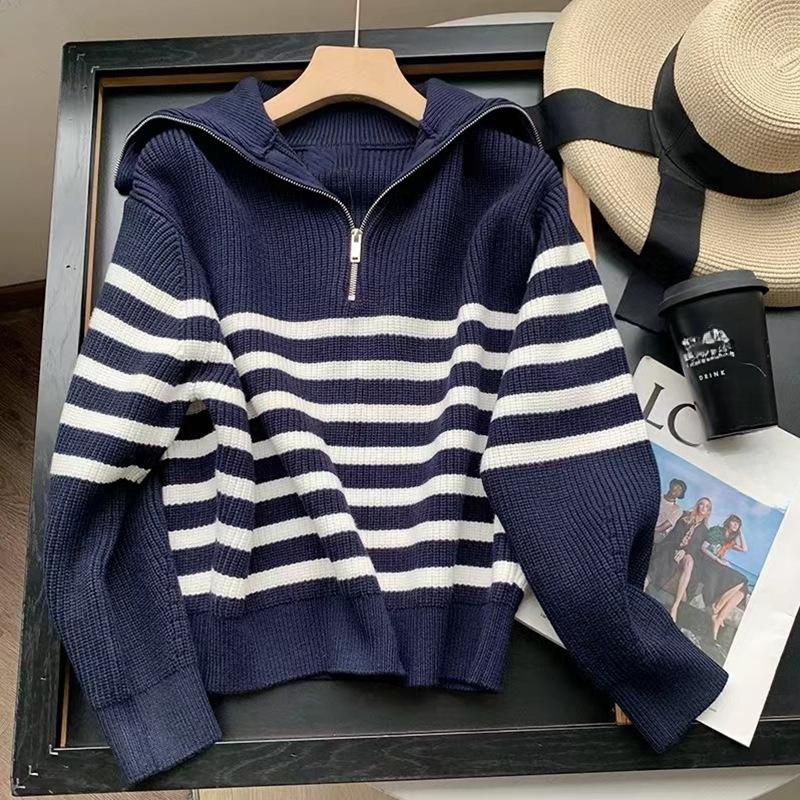 Свободный вязаный свитер в ленивом стиле. Полосатый пуловер с полумолнией и большим воротником. Осенне-зимний свитер-поло с высоким воротом для женщин.