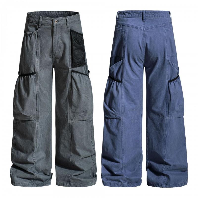 Mens Womens Cargo Pants With Mesh Pockets Cotton Workwear Loose Fit Utility Trousers Outdoor Daily Wear