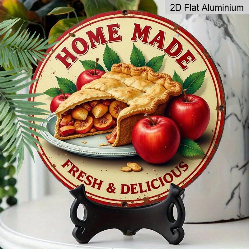 2D Flat 1pc, 8x8 in, Vintage-Style Aluminum Metal Sign - "Home Made" Apple Pie & Apples Decorative Wall Art, Garden Decor for Home, Bar, and More