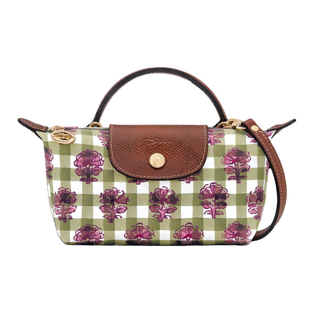 Longchamp Le Pliage Коллекция Классика Клетчатый Рисунок Холст Сумка-пельмень Мини Женская Сумка на Плечо Артишоково-Зеленый 34205HGGM04