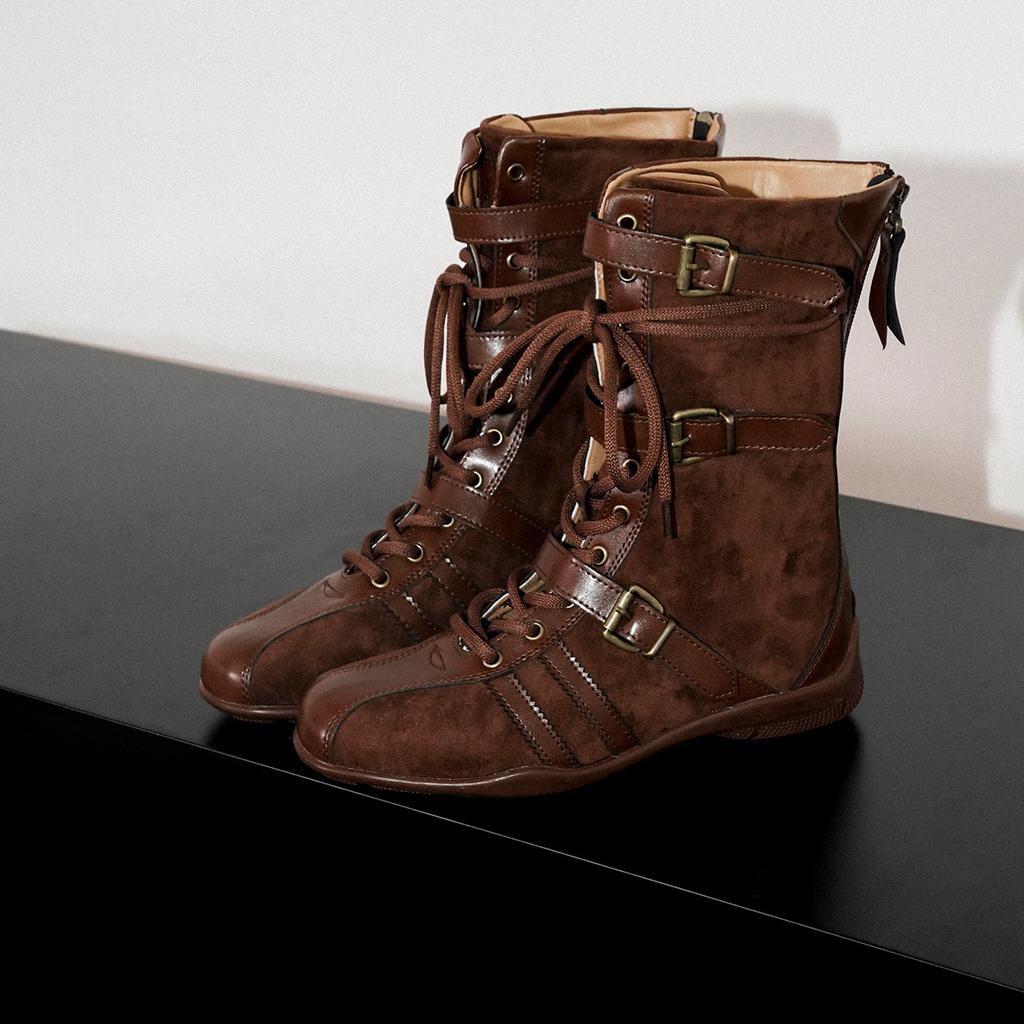 Издание из коровьей кожи~ Ретро Сплайсинг Замша Боксерские Ботинки Женская Мода Ниша Пряжка на Ремне Шнуровка Задняя Молния Ботинки Мартин