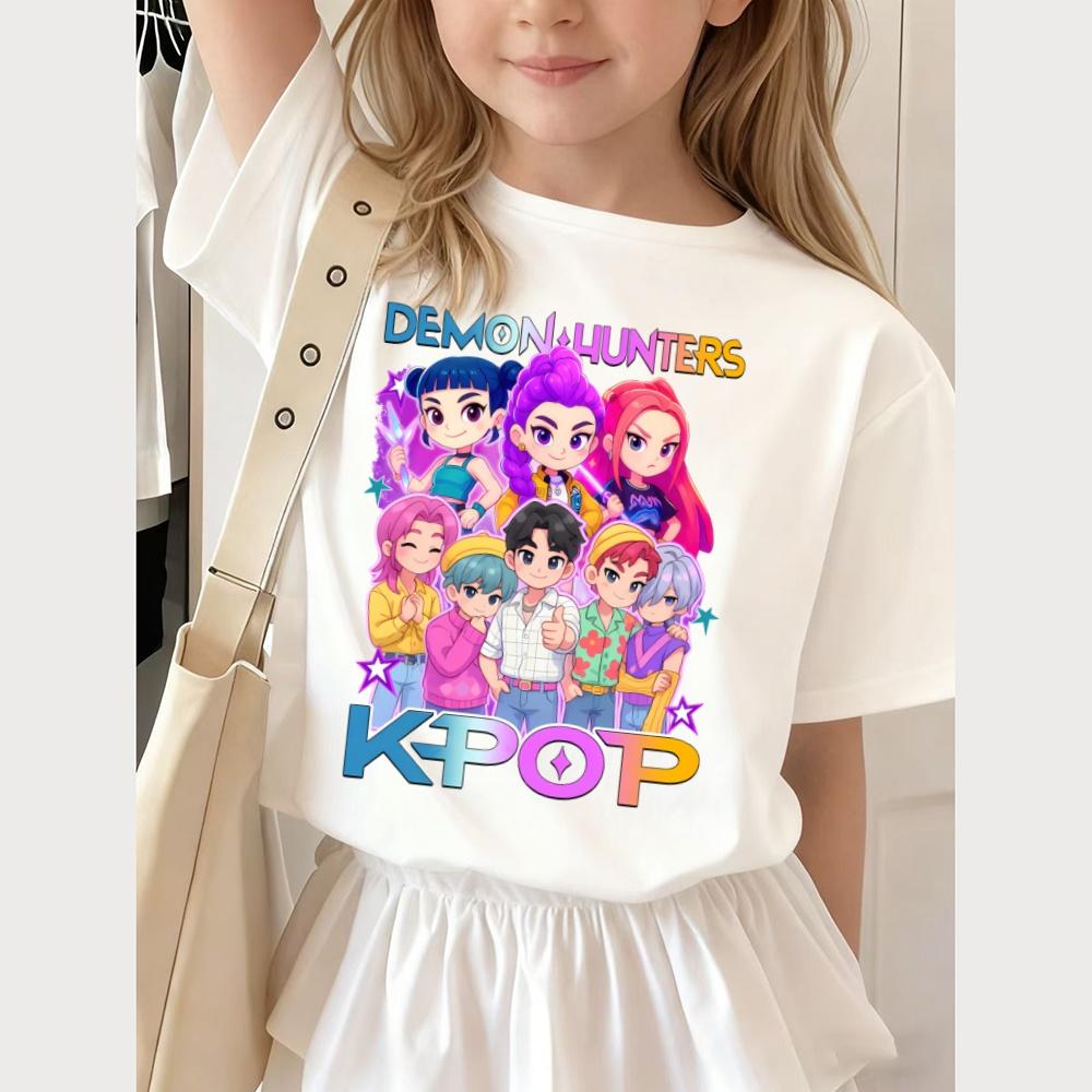 Детская футболка Kpop Охотники на демонов с коротким рукавом для мальчиков Kdis Футболка Милая Kpop Охотники на демонов Харадзюку Футболка Для мальчиков и девочек Топы